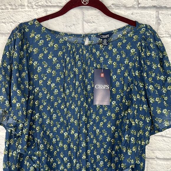 Chaps Womens Blouse Large Blue Floral Bohemian Short Sleeve NWT - Picture 4 of 8